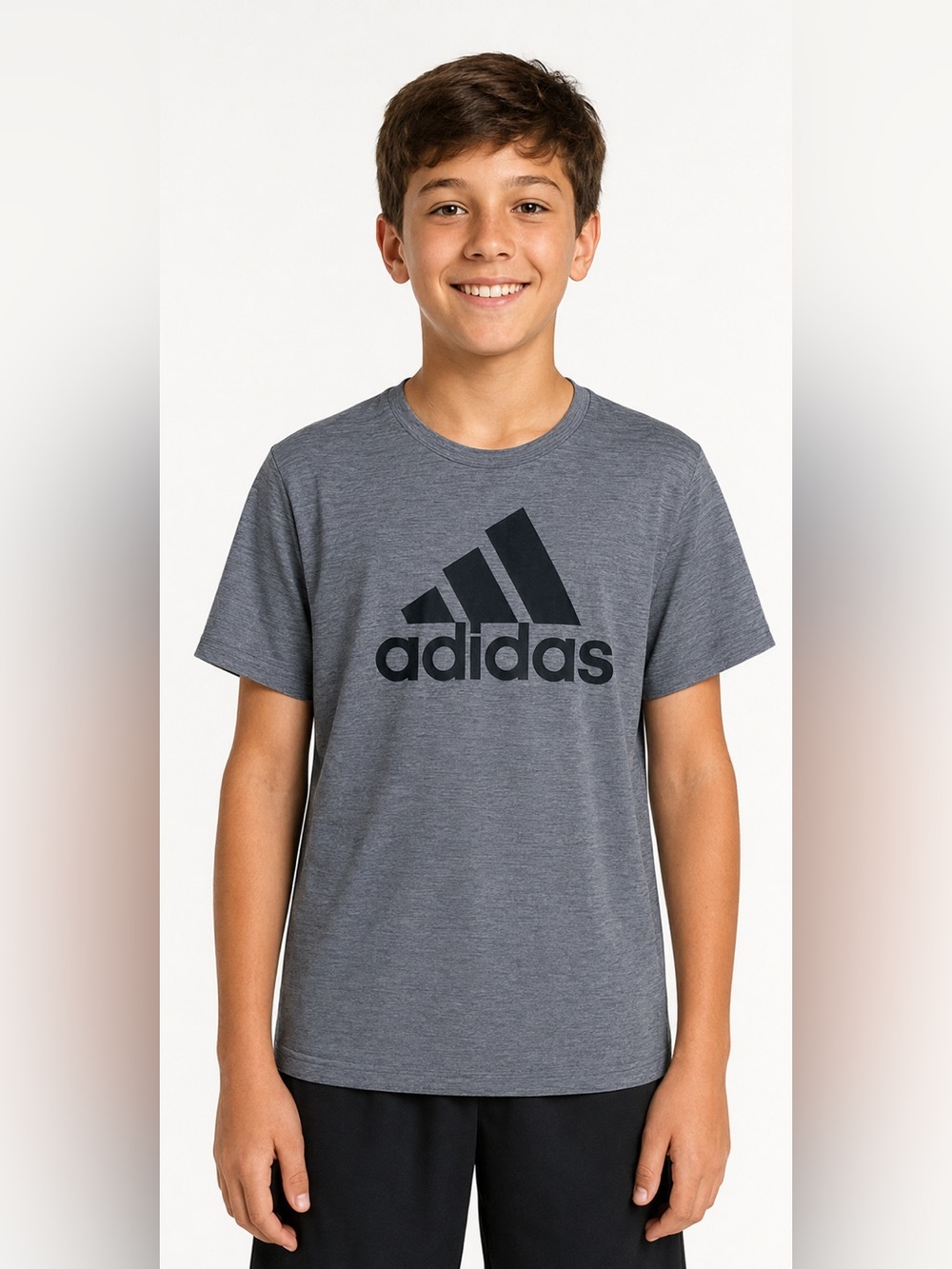 ADIDAS GRAY SHORT SLEEVE SHORT SPEEVE SHIRT WITH BLACK
LOGO ON FRONT LARGE